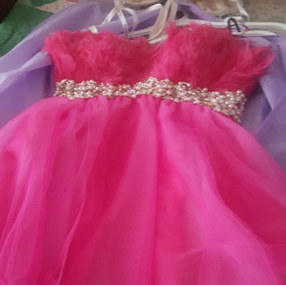 Hot Pink feathered bodice prom dress